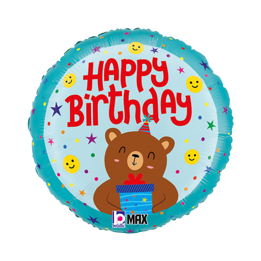 18" Happy Birthday Smiley Bear Round Helium Balloon