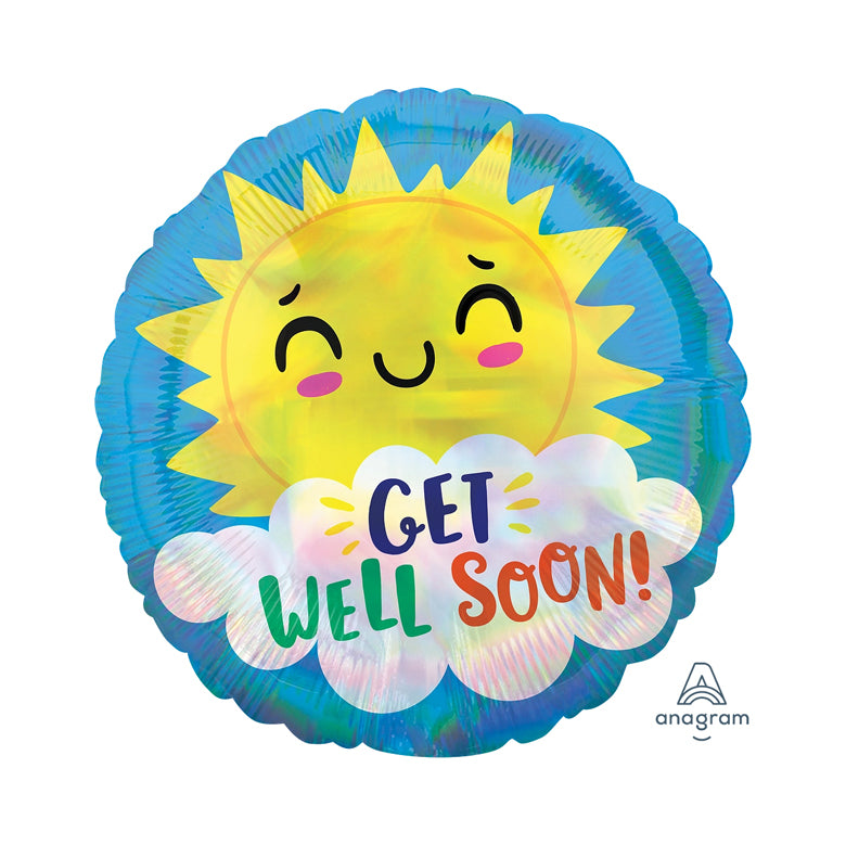 18" RND Holographic Get Well Soon Happy Sun Round Helium Balloon