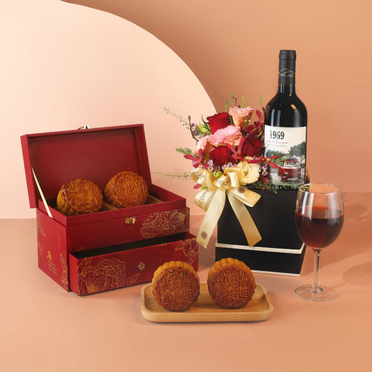 Marriott Assorted Baked Mooncakes, Wine & Flowers Gift Set