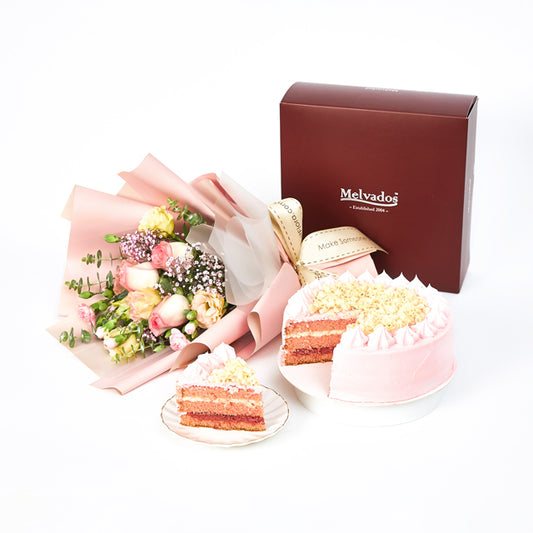 Flowers with Melvados Strawberry Crunch Frozen Cake (Halal-certified)