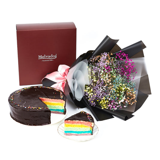 Flowers with Melvados Chocolate Rainbow Frozen Cake (Halal-certified)