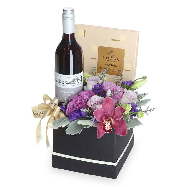 Toast to Our Love – Wine, Godiva Chocolate, and Flowers Gift Set