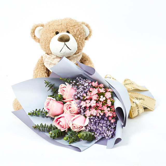 Wally Brown Bear Set - Flower Bouquet & Plush