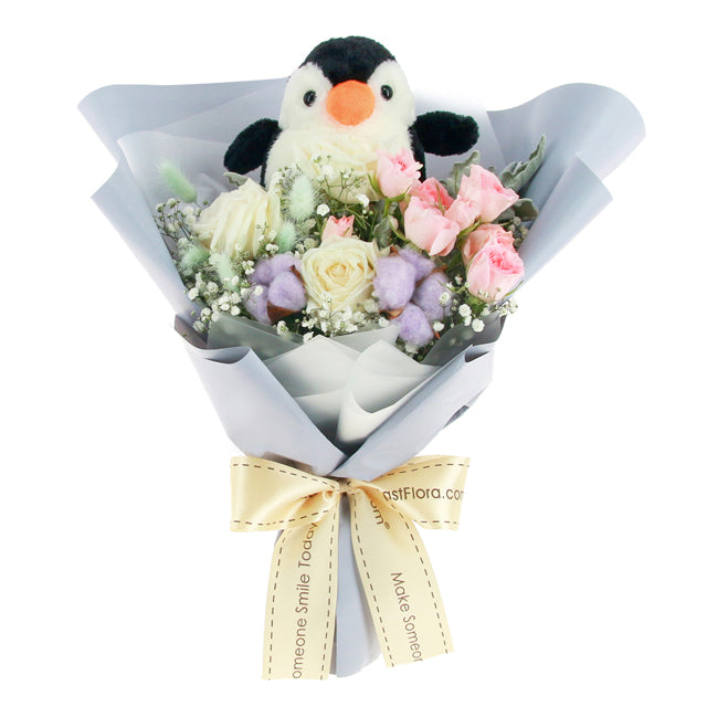 Playful Penguin Plush Set - Flower Bouquet & Plush