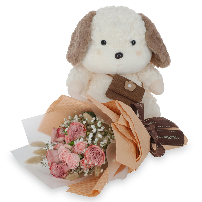 Cozy Cappuccino Roses & Fluffy Dog Plush – Flower Bouquet & Plush