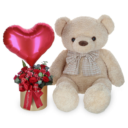 Romantic Roses & Giant Plush Bear with Heart Balloon - Flower Box & Plush