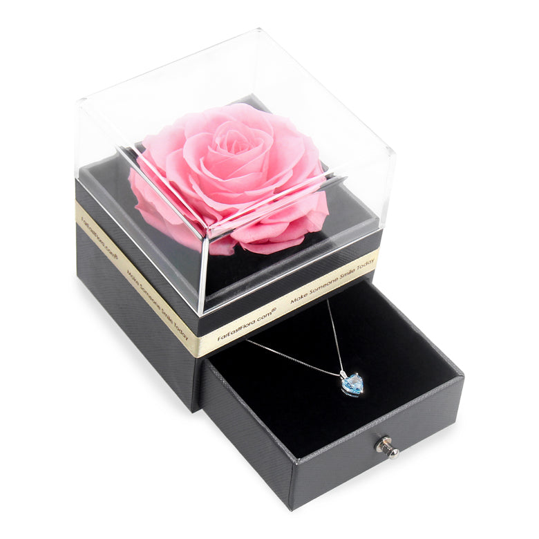 Forever Bloom and Zirconium Heart Crystal Necklace Gift Box (Pink)