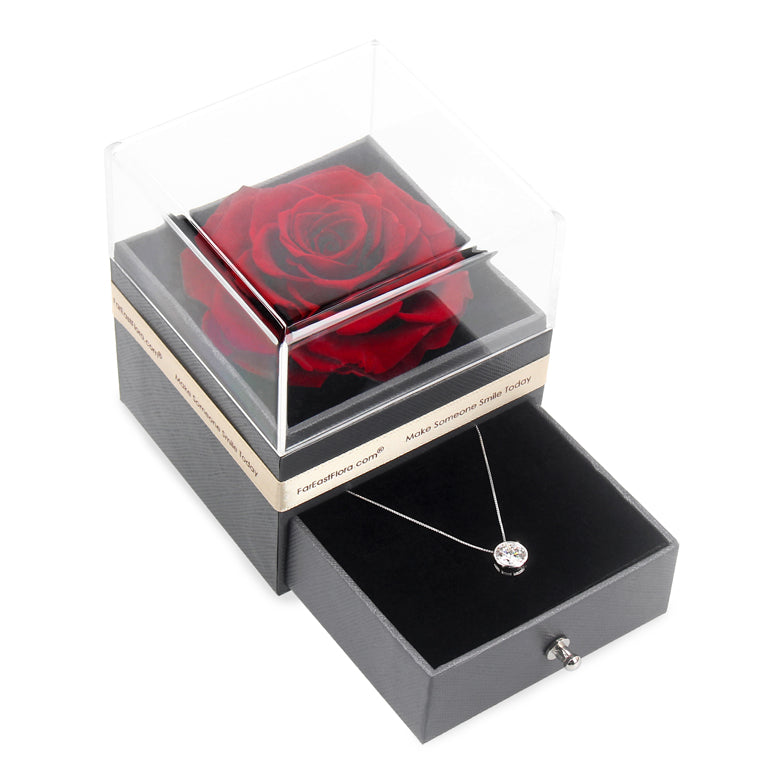 Forever Bloom and Moissanite Round Necklace Gift Box (Red)